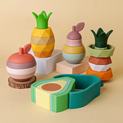 1Set Weiche Bausteine Silikon Stacking Blocks Baby Spielzeug Apple Ananas Avocado Birne Silikon Gebäude Spielzeug Montessori Spielzeug Image