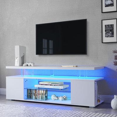 LED TV Stand Game Center with Sliding Drawer and Side Cabinet, White