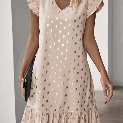 TEMU Women' Polka Dot Ruffle Dress With Golden Accents - Sleeveless V-neck, Fashion, Casual To Formal Wear, Casual Dressing | Ruffle Detail | Vneckline Image