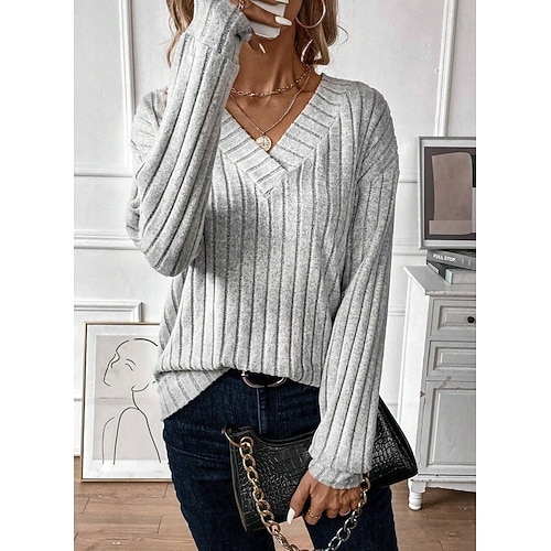 Damen Bluse Gerafft Einfarbig Einfach Stilvoll Lässig Langarm V Ausschnitt Täglich Schwarz Hellgrau Rosa Frühling Herbst Winter Image