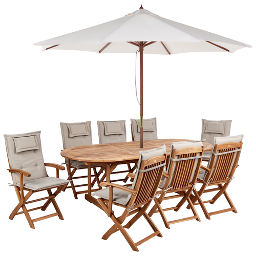 Gartenmöbel Set Hellbraun Akazienholz 10-Teilig Ovaler Tisch mit 8 Stühlen 8 Auflagen Taupe 1 Sonnenschirm Terrasse Outdoor Modern