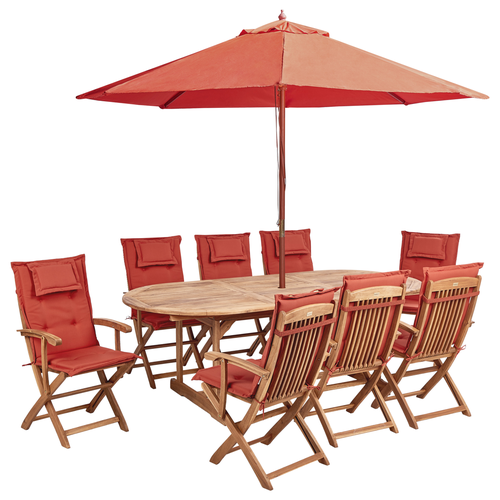 Gartenmöbel Set Hellbraun Akazienholz 10-Teilig Ovaler Tisch mit 8 Stühlen 8 Auflagen Rot 1 Sonnenschirm Terrasse Outdoor Modern