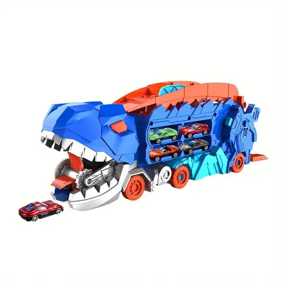 The transport dinosaur truck folds and slides 25 inches onto the track, turning four alloy buggies