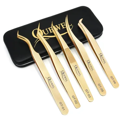 Quewel 5pcs Professional Eyelash Tweezers Stainless Steel Volume Lashes Extension Tweezers