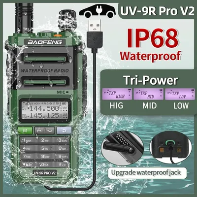 Baofeng UV 9R Pro V2 IP68 Waterproof Walkie Talkie Tri-Power Type-C Charger Dual Band Ham CB Radio