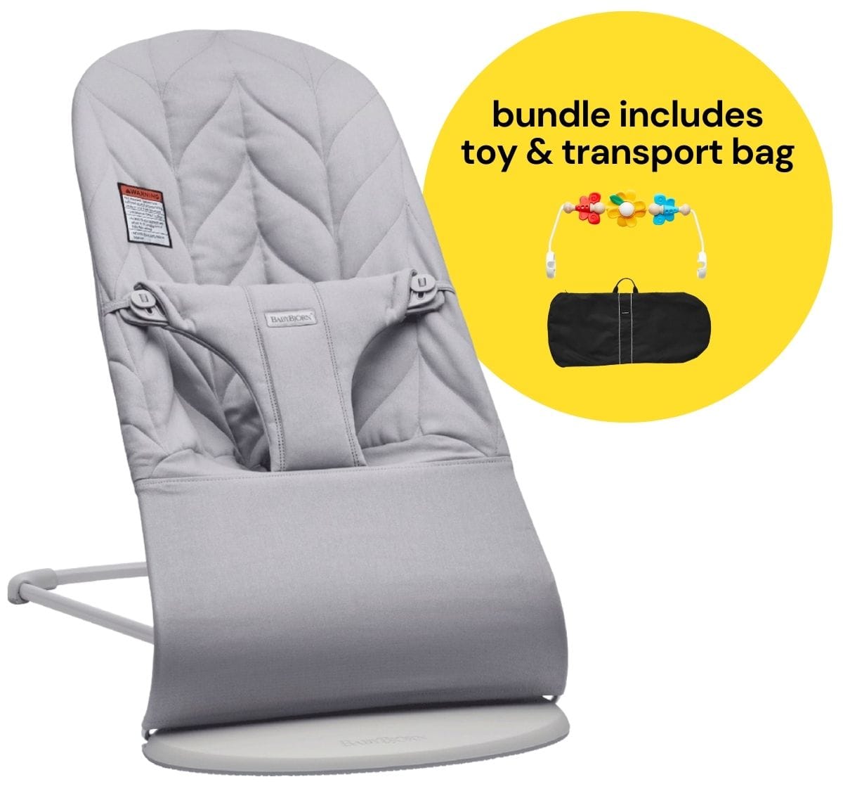 BabyBjorn Bouncer + Flying Friends Toy Bar + Transport Bag Bundle - Bliss, Petal Quilt Cotton Light