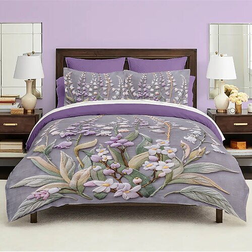 schwingendes Lavendel-Bettbezug-Set, Baumwolle, Blumenmuster, weiches 3-teiliges Luxus-Bettwäsche-Set, Wohndekor, Geschenk, Zwilling, Vollkönig, Queen-Size-Bettbezug Image