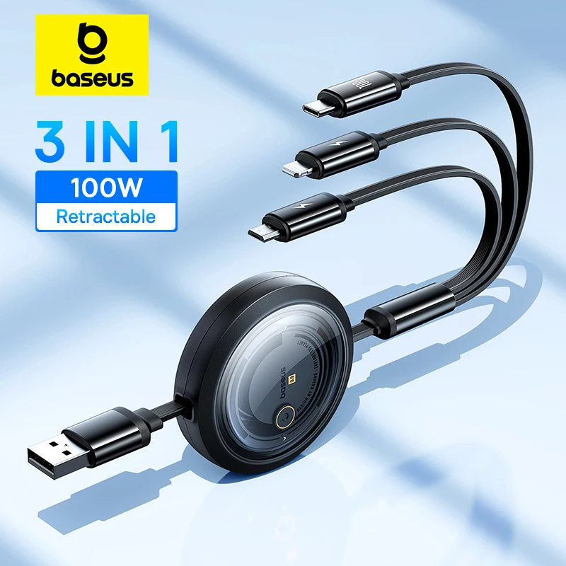Baseus 3-in-1 einziehbares Telefon-Datenkabel Typ C USB 100 W Schnellladekabel geeignet für iPhone Huawei Xiaomi Android Micro Image