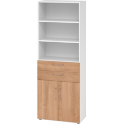 bümö Aktenregal & Schrank abschließbar, Büroschrank Regal & Schubladen Kombination Holz 80cm breit in Weiß/Eiche - Schrank für's Büro & Image