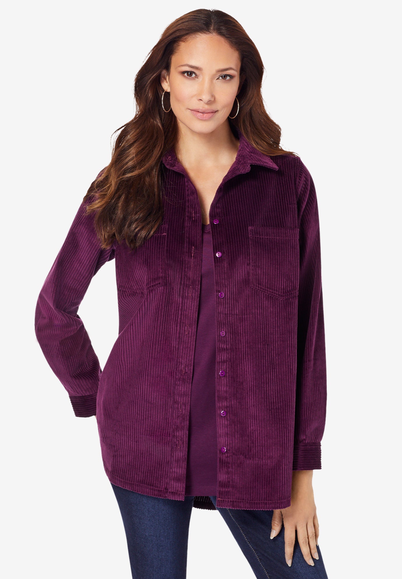 Plus Size Women's Corduroy Button-Front Shirt by Roaman's in Dark Berry (Size 40 W) Button Down