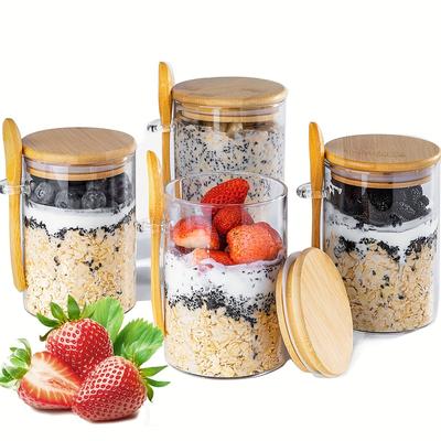 TEMU 4-pack Milk Jar Sugar Jar Set With Spoon And Lid, Overnight Oatmeal Cups, Grain, Fruit, And Spice Storage Jars