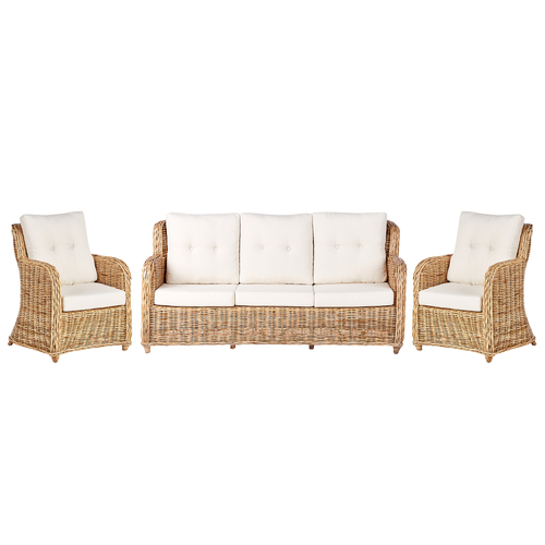 Lounge Set Naturfarben Rattan 3-Teilig Geflochten Sofa u. 2 Sessel mit Kissen Cremeweiß Boho Design Outdoor Indoor Garten Terrasse Rattanmöbel