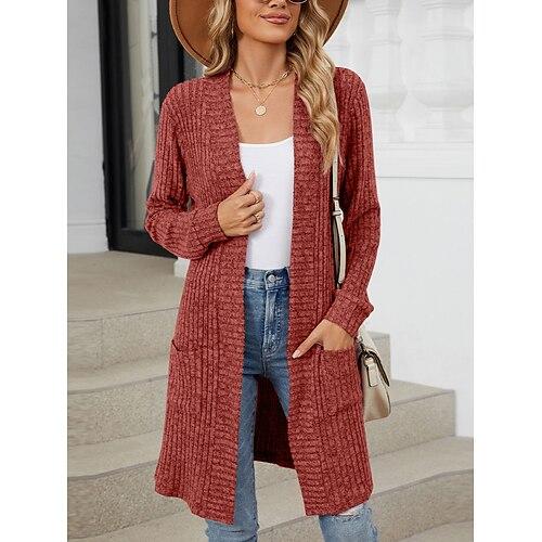 Strickjacke für Damen, vorne offen, Stricktasche, Frühling/Herbst, regulär, für den Alltag, langärmlig, einfarbig