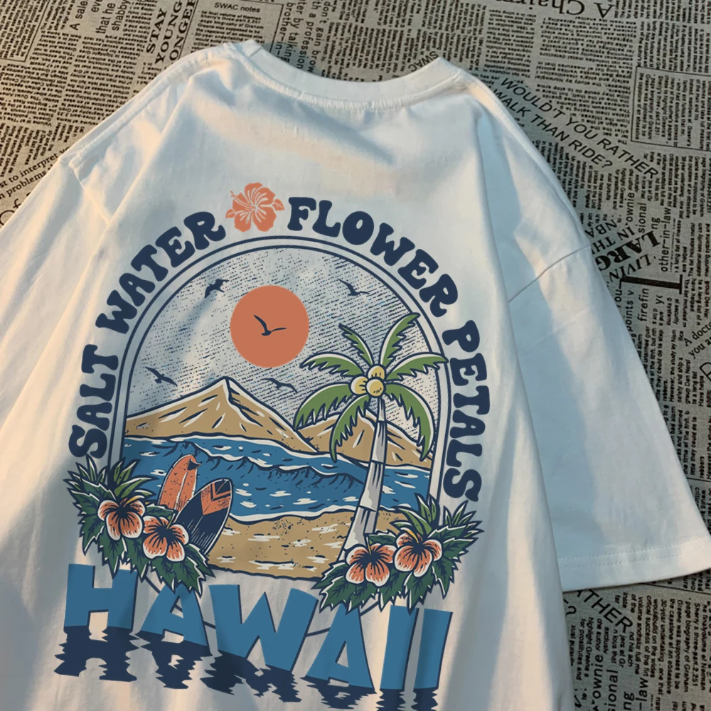 Salzwasser Blütenblätter Hawaii drucken T-shirts Frauen Casual Schweiß T Shirts Casual Baumwolle T Kleidung Hip Hop Oversize Tops Paar