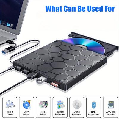 TEMU External Dvd Drive, Usb 3.0 Cd Dvd Burner For Laptop, Type-c Cd/dvd Rom +/-rw Optical Disk Drive With 4 Usb Ports And 2 Sd Card Slots, Ultra Slim, For , Pc Windows 11/10/8/7 Linux Os