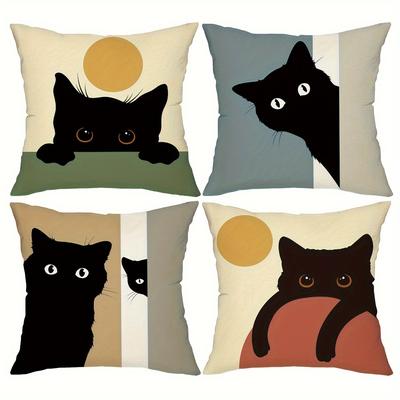 TEMU 4pcs Whimsycat Decorative Throw Pillow Covers, 18x18 Inch, Linen Blend, Zippered, Machine Washable - Contemporary Style, Cases For Sofa, Couch, Bed, Car, Decorative Pillows Image