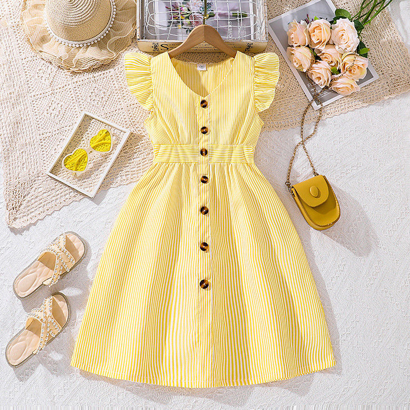 Girls' 3D Striped Dress Ruffle Dress Sleeveless Summer Vacation Daily Holiday Princess Beautiful Sweet Kids 4-12 Years Casual Dress A Line Dress Knee-length Regular Fit