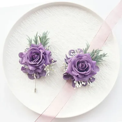 2Pcs Set Purple Rose Champagne Wedding Wrist Corsage And Boutonniere Set For Bride Bridesmaid Man Groom Wedg Flowers Accessories