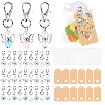 30Pcs Angel Keychains Set with 30 Organza Bags and 30 Thank You Tags Baby Shower Favors Zinc Alloy