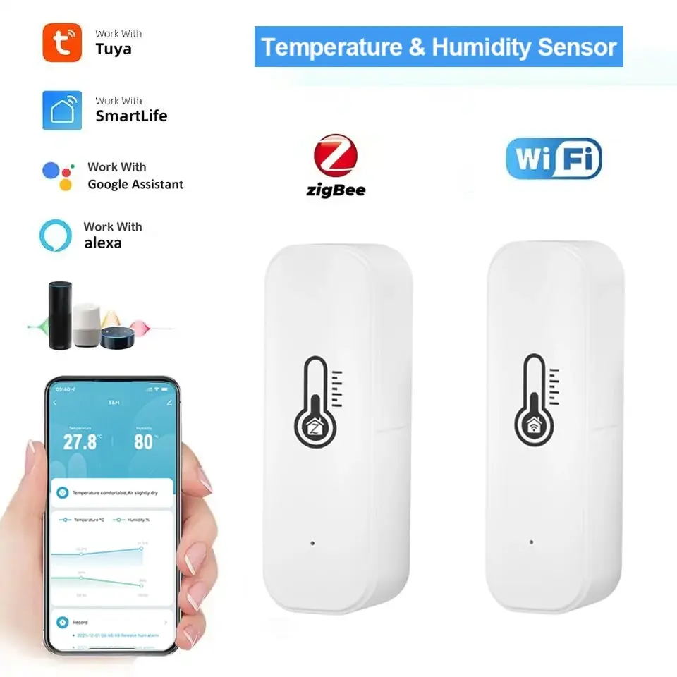 Tuya Zigbee oder WiFi Temperatur-Feuchtigkeitssensor Home Connected Thermometer kompatibel mit Smart Life Alexa Google Assistant Image