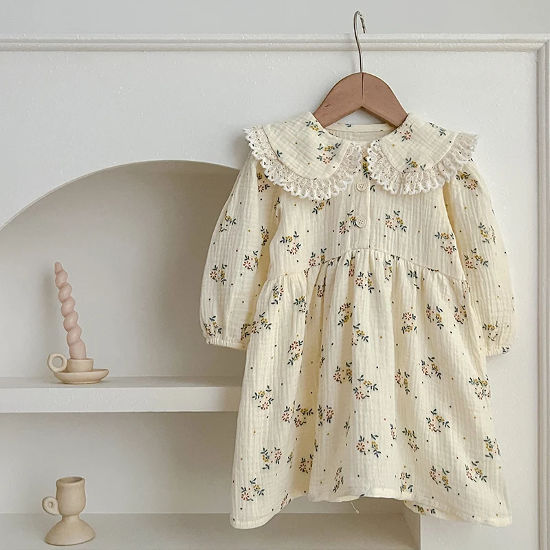 Herbst Baby Mädchen Floral Bedruckte Kleid Kleinkinder Stickerei Spitze Rüschen Kragen Kleid Kinder Baumwolle Prinzessin Kleider Koreanischen Stil Image