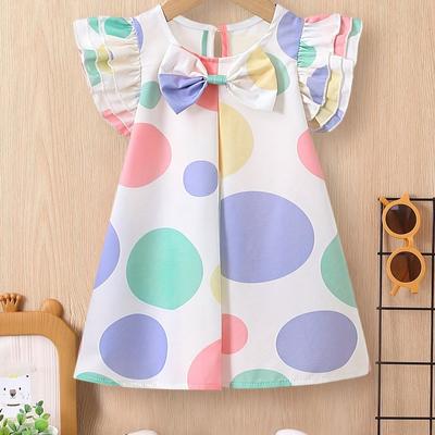 TEMU Baby's Pattern Bowknot Decor Sleeve Dress, Infant & Toddler Girl's Clothing For Summer/spring, As Gift