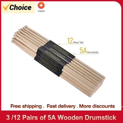 ammoon 3 /12 Pairs of 5A Wooden Drumsticks Drum Sticks Fraxinus Mandshurica Wood Drum Set Drum