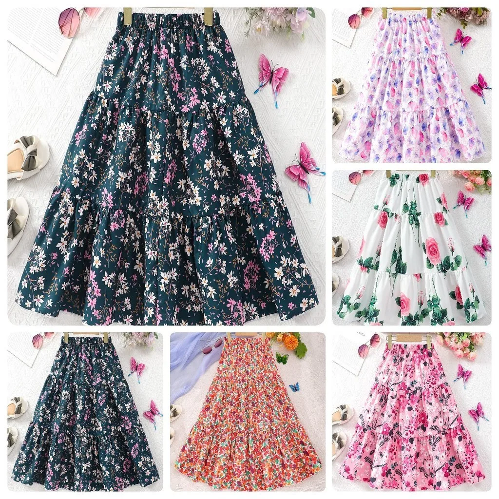 Jupe mi-longue pour enfants, vêtements pour adolescentes, style d'été décontracté, mode florale, jupe trapèze papillon, cadeau d'anniversaire, 8, 9, 10, 11, 12 ans, 2024