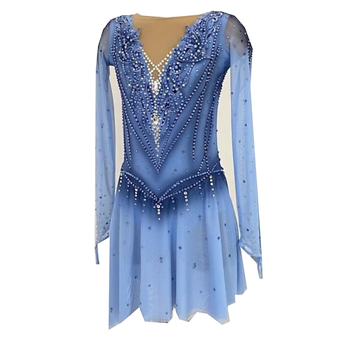 Eiskunstlaufkleid Damen Eislaufen Rock Kleid Blau Daumenloch Offener Rücken Spandex Hohe Elastizität Professionell Wettbewerb Eiskunstlaufkleidung Thermowarm Klassisch Kristall / Strass Langarm Image