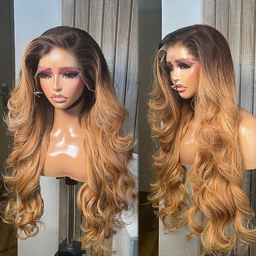 Remy Menschenhaar 13x4 Spitzenfront Perücke Freier Teil Vietnamesisches Haar Wellen Mehrfarbig Perücke 130% 150% Haardichte Gefärbte Haarspitzen (Ombré Hair) Leimlos Mit gebleichten Knoten Vorgerupft Image