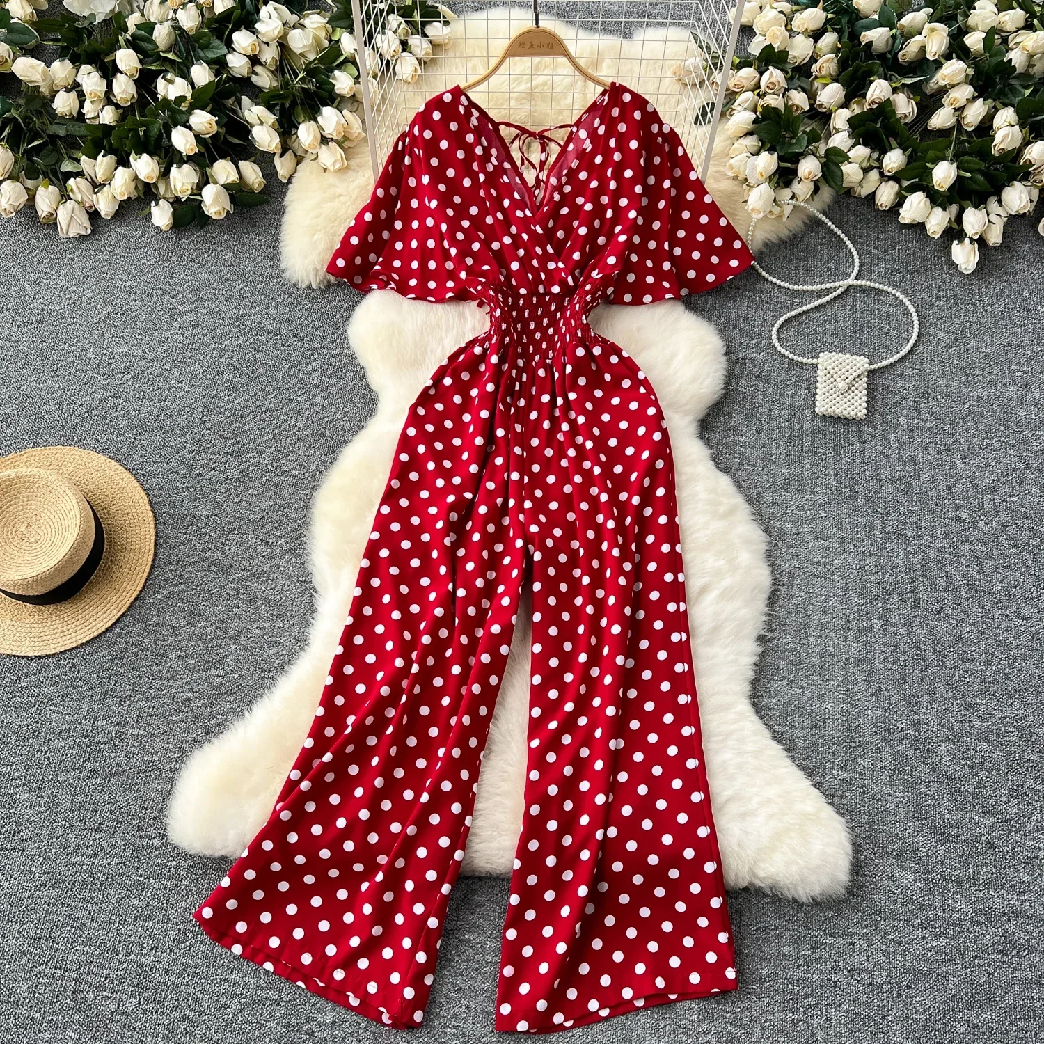 Neue Sommer Polka Dot Strampler Frauen Elegante V-ausschnitt Kurzarm Hohe Taille Overall Weibliche Lose Breite Bein Playsuits Mode Image