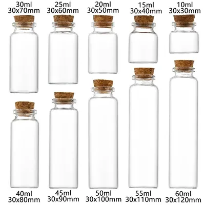 20pcs 10ml 15ml 20ml 25ml 30ml Cute Clear Glass wishing Bottles with Cork Stopper Empty Spice Bottles Jars DIY Crafts Vials