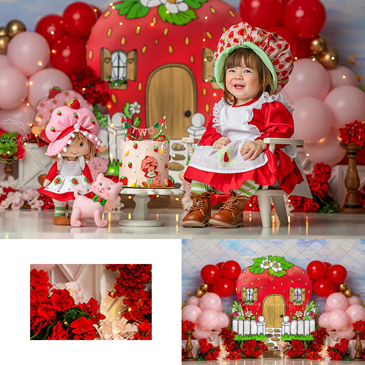 Strawberry House Backgrounds Cake Smash Kids Adult Photography Props Child Baby Decors Balloon Arch Photo Backdrops