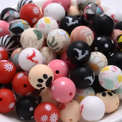 10Pcs 15mm Food Grade Silicone Round Beads Cartoon Teether Beads Infant Nursing Teething Toys DIY
