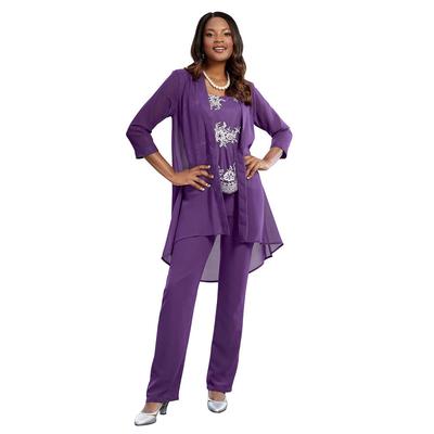 Masseys Sequin Embroidered 3-Piece Pant Set (Size L) Plum, Polyester