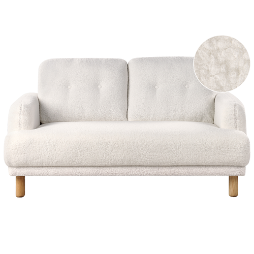 2-Sitzer Sofa Weiß Bouclé mit Hohen Holzbeinen Armlehnen Knopfheftung Skandinavisch Retro Modern Wohnzimmer Ausstattung