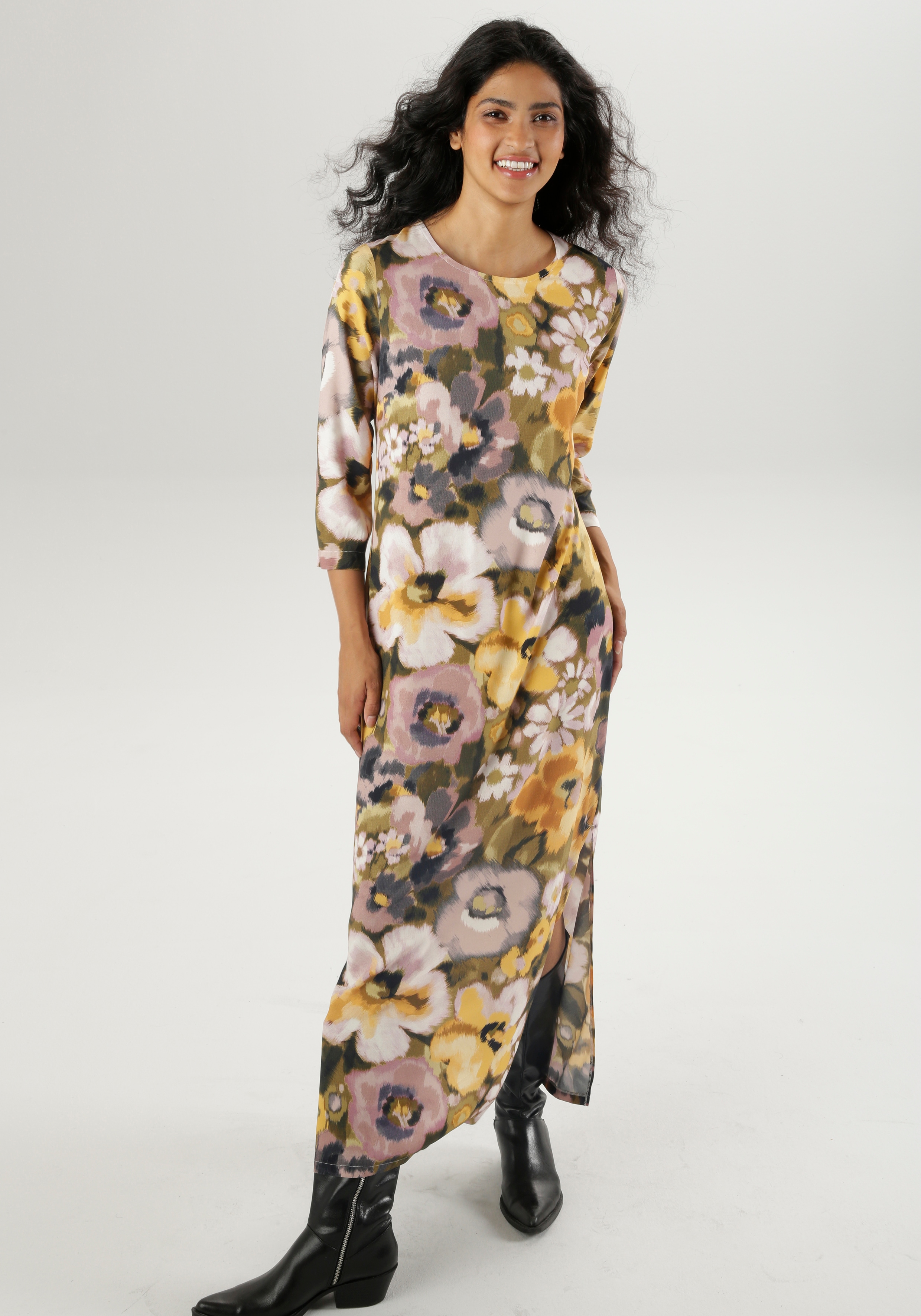 Maxikleid ANISTON CASUAL, Damen, Gr. 48, N-Gr, bunt (gelb, zartgelb, malve, altrosa, rose, olivgrün, hellgrün, dunkelgrün, marine, hellblau, schwarz, braun), Web, Obermaterial: 100% Viskose, bedruckt, geblümt, figurumspielend knöchelfrei, Rundhals,...