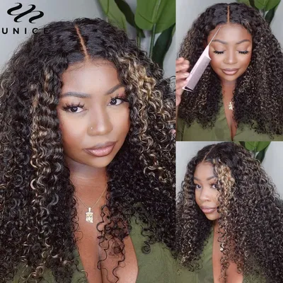 UNice Hair 7x5 Glueless Wig Balayage Highlight Curly Human Hair Lace Wig Pre Bleached Pre Cut Lace