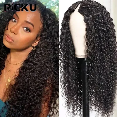 Kinky Curly V Part Wig Human Hair No Leave Out Thin Part Brazilian Hair Wigs for Women 250 Density