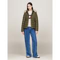 Steppjacke TOMMY JEANS "TJW BASIC HOODED DOWN JACKET EXT", Damen, Gr. XS (34), grün (fatigue grün), Web, Steppware, Obermaterial: 100% Polyester, unifarben, casual, regular fit hüftlang, Langarm eingesetzt Bündchen, Jacken, mit Logostickerei