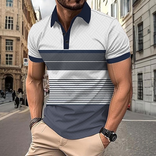 Homme Rayé Polo Chemise de golf Manche Courte Polos Chemises à Col Vêtements de travail Tenue formelle Vêtements de festival Boutons Impression 3D Printemps Été Blanche