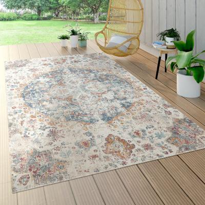 Paco Home Outdoor Teppich Wetterfest Balkon Küche Orient Muster Vintage Beige Blau Creme 160 cm Rund Image