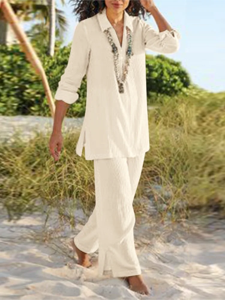 Casual Solido Cotone Lino 2 Pezzi Set Vestito Delle Donne Allentato Manica Lunga Magliette E Camicette Elegante Della Signora Pantaloni a Gamba Larga Abiti 2024 Primavera Estate