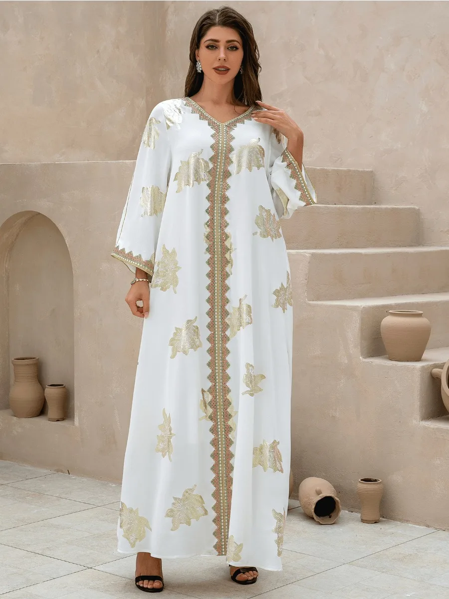 Eid Abito Musulmano per Le Donne Del Partito Abaya Con Scollo A V Pulsante Abaya Arabo Dubai Jalabiya Abiti Caftano Abiti Largos Abito Lungo 2024