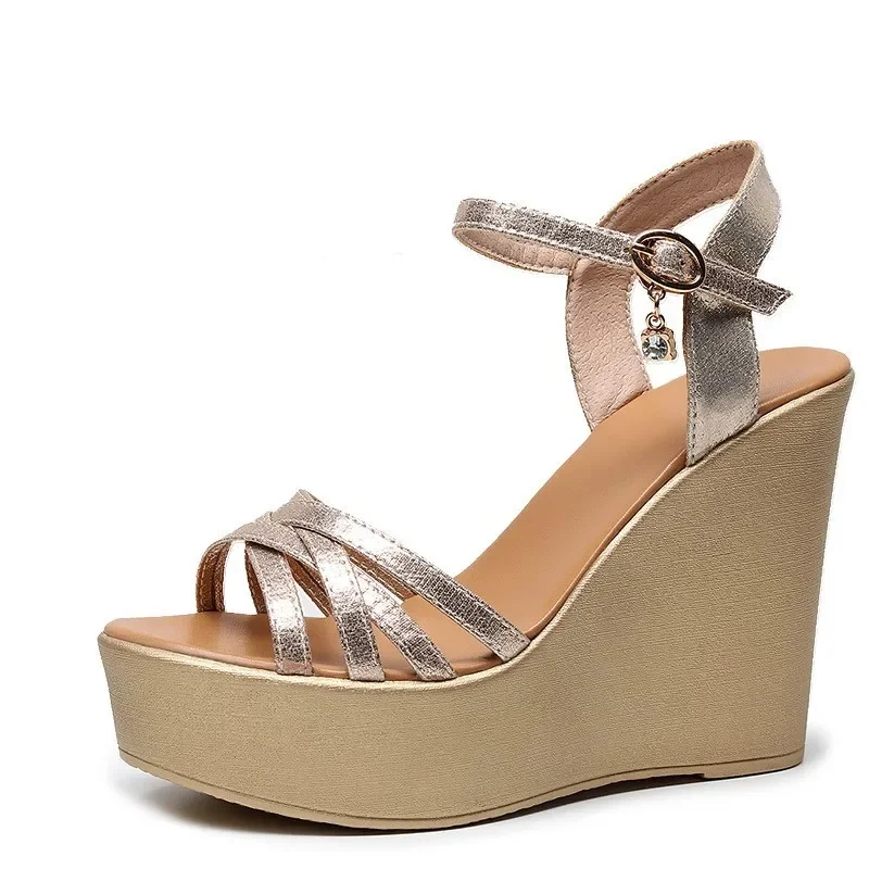 Small Size 33-43 Fashion Soft Leather Sandals Women's High Heels Shoes Summer 2026 Thick Platform Wedges Sandals for Office Mom