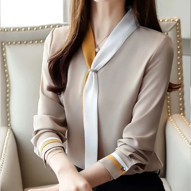 Autumn Office Shirt Vintage Long Sleeve Chiffon Blouses Casual Solid Loose Tops Elegant V-Neck Women Clothing Blusas Mujer 7188