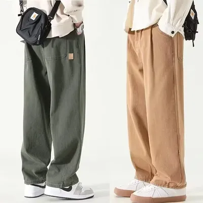 M-3XL American Fashion Brand Wide Leg Pants Men Green Khaki Joggers Baggy Drawstring Cargo Trousers Men Y2K All-match Pants