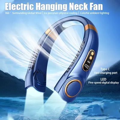 2024 New Portable Hanging Neck Fan LED Digital Display Light USB Rechargeable Bladeless Electric Fan Mini Air Cooler Camping fan