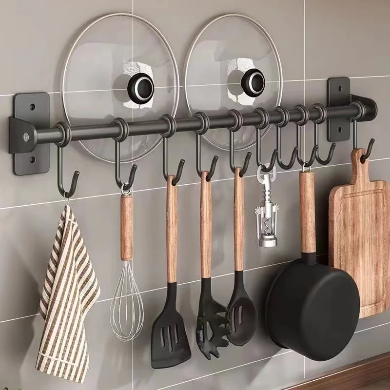 Support à ustensiles de cuisine, support mural pour casseroles et poêles, couvercle en acier inoxydable, cintre pour ustensiles de cuisine, crochets coulissants pour cuillère