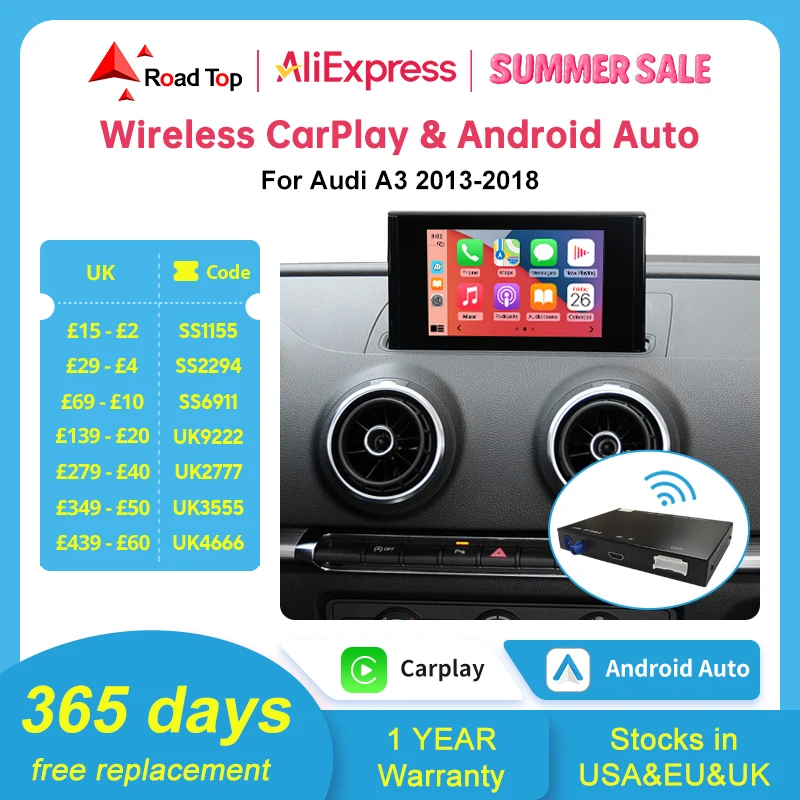 Android Auto Wireless CarPlay für Audi A3 8v Q2 8P 2013-2018, mit Mirror Link AirPlay Bluetooth USB Reverse Kamera Funktionen Image